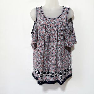 Max Studio Cold Shoulder Top Size L Blue Red Print Blouse Summer Peasant Blouse